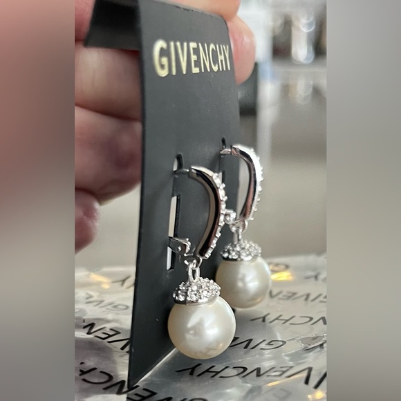 GIVENCHY Pearl Drop Silver Earrings with Rhinestones NWT - Picture 2 of 4